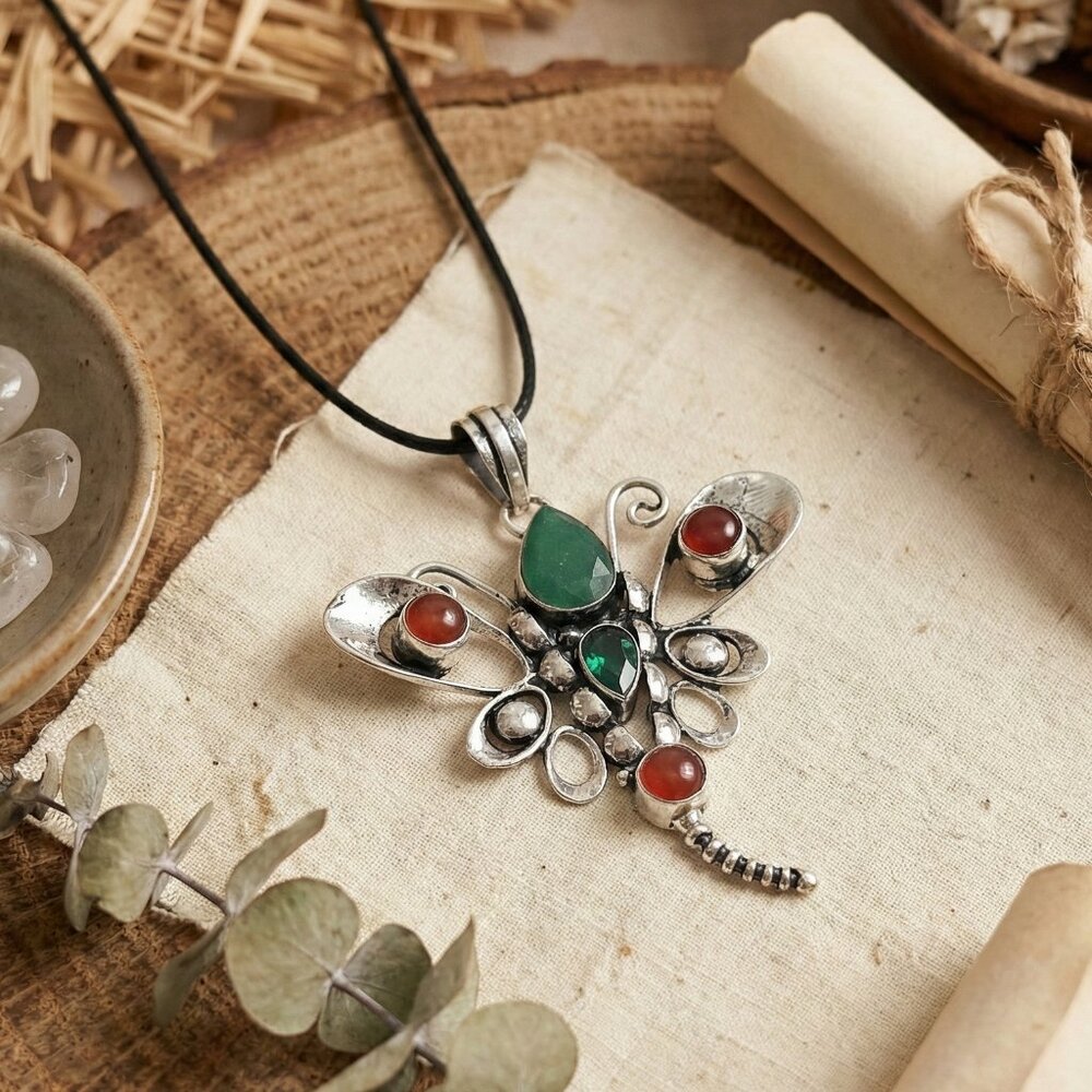 S925 Sterling Silver Dragonfly Emerald & Carnelian Artisan Boho Pendant Necklace
